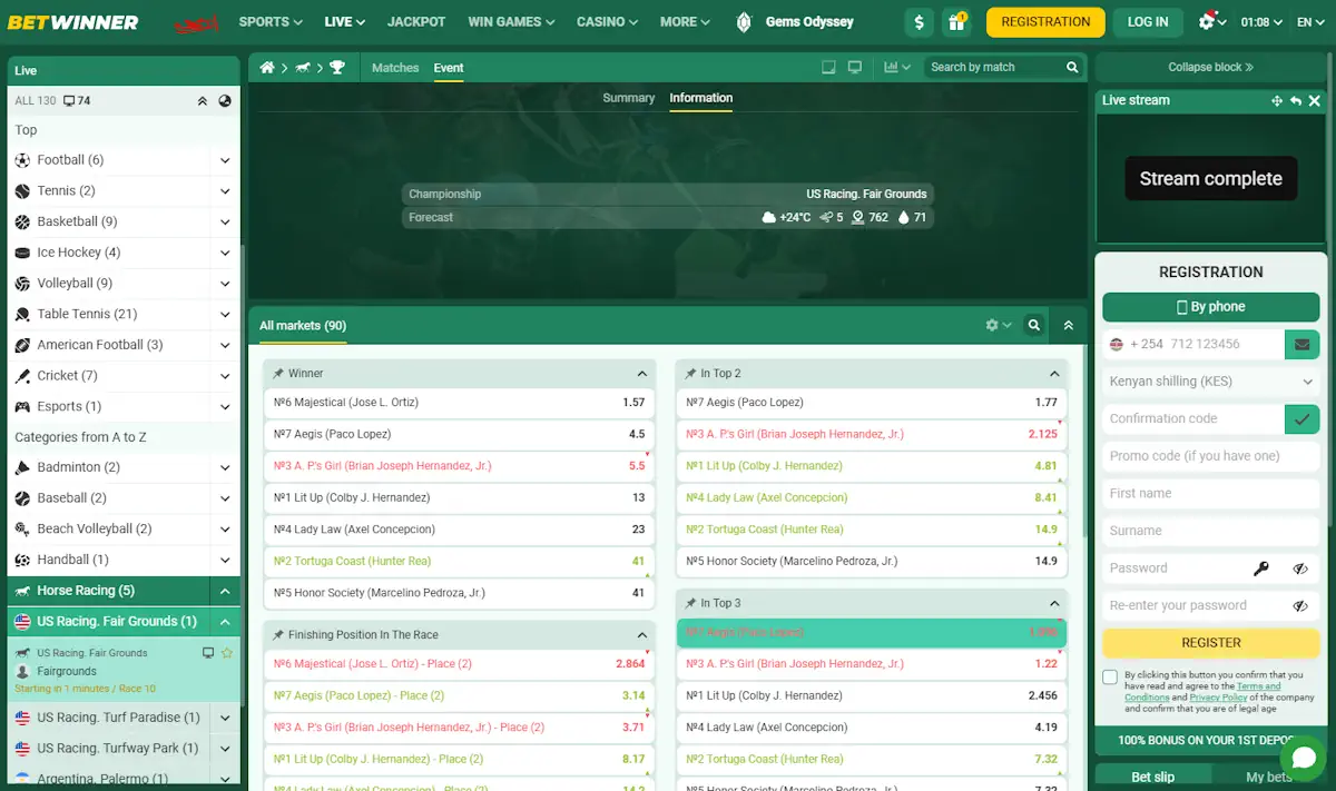 Betwinner Horse Racing Betting Markets and Bets Screenshot